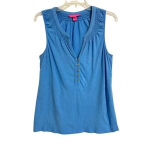 Lilly Pulitzer Blue Cotton Slub Smocked Sleeveless Split Neck Top  Large